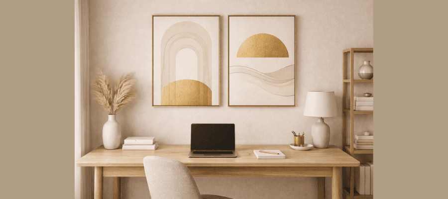 Modern home office with minimalist gold-accented wall art