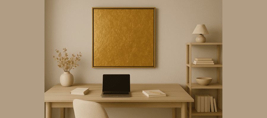 Modern neutral home office with oversized DIY gold-leaf wall art