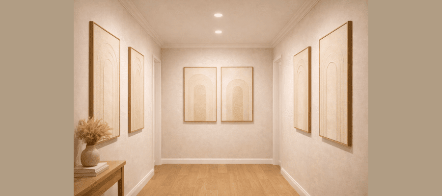Narrow hallway with vertical textured wall panels and warm lighting