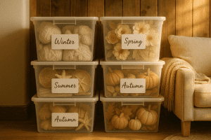 Neatly stacked storage bins labeled by season and filled with DIY decor