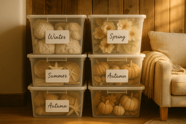 Neatly stacked storage bins labeled by season and filled with DIY decor