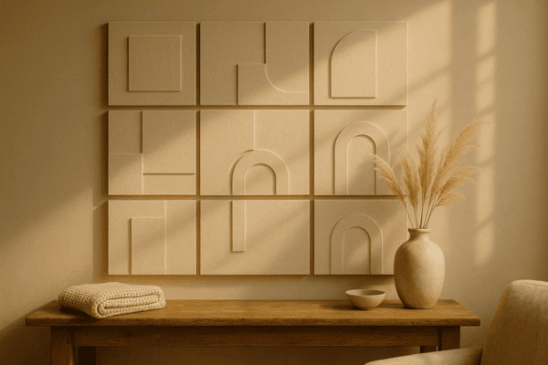 Neutral foam board abstract pieces displayed in a modern grid