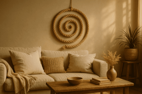 Rope spiral décor hanging in a neutral boho living room