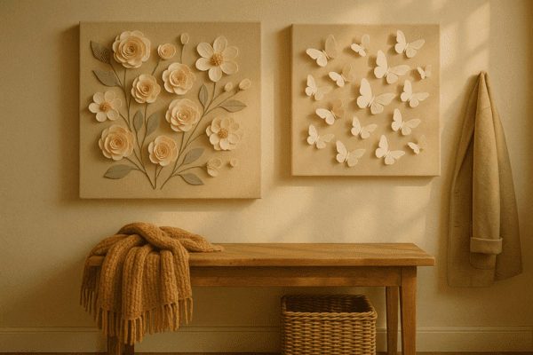 Soft spring-themed wall art featuring paper flowers and butterfly collage