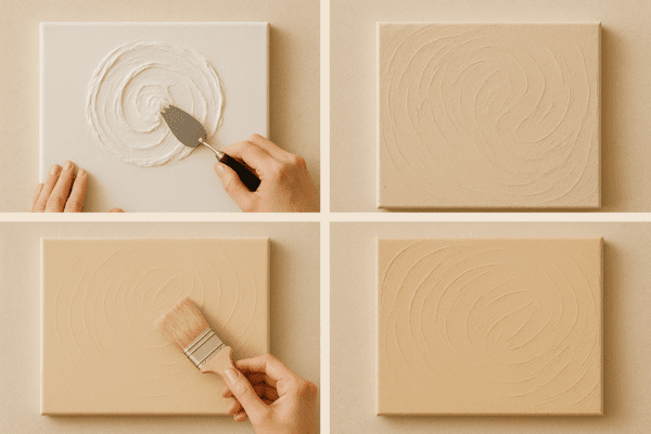 Step-by-step process collage of applying and painting plaster texture art