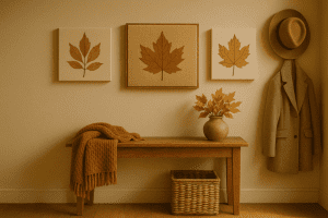 Warm fall entryway featuring burlap wall art and pressed leaf canvas pieces