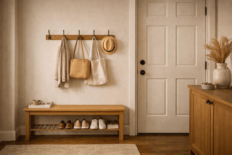 organised entryway drop zone and shoe storage