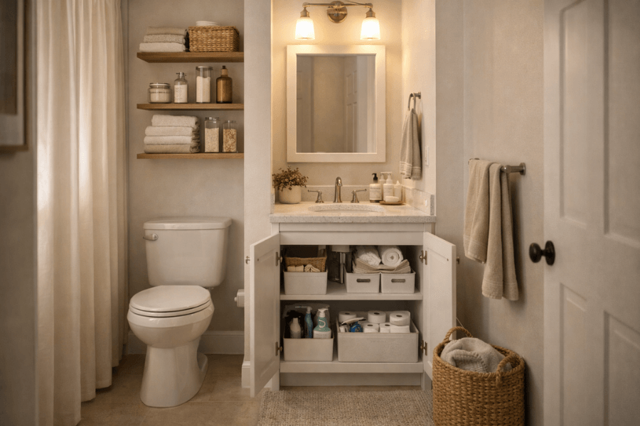 organised small bathroom storage 