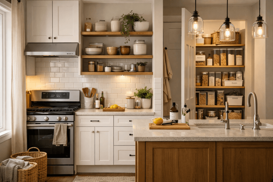 organized kitchen and pantry zones