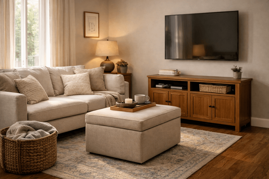 organized living room storage setup