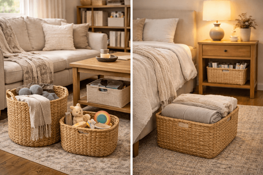 storage bins and baskets in living room