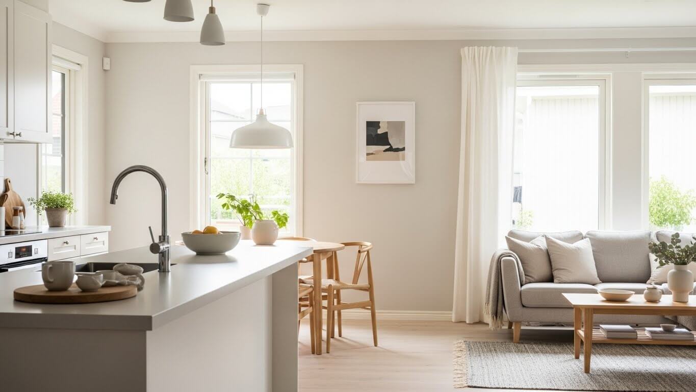 A bright, clean home interior with natural light and an organized living space A bright, clean home interior with natural light and an organized living space