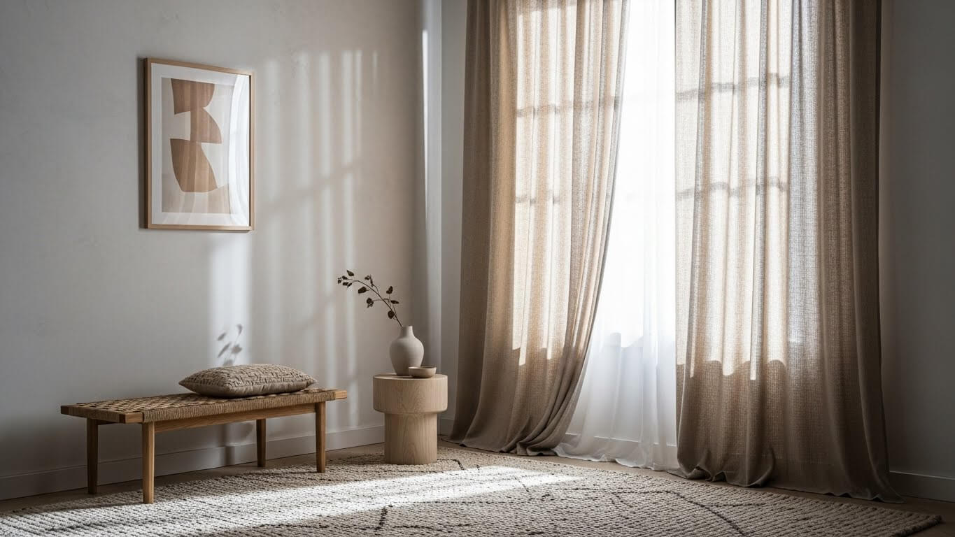 A calm, minimal room styled with simple decor and natural textures A calm, minimal room styled with simple decor and natural textures