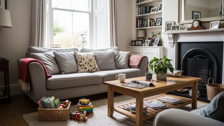 A comfortable family living room that looks clean and lived-in
