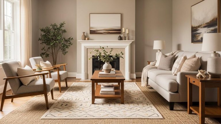 A well-finished living room with layered decor, soft lighting, and balanced furniture
