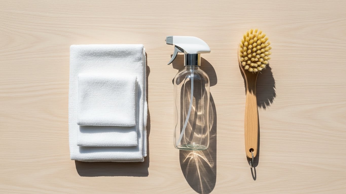 Basic cleaning tools arranged for simple and effective home cleaning Basic cleaning tools arranged for simple and effective home cleaning
