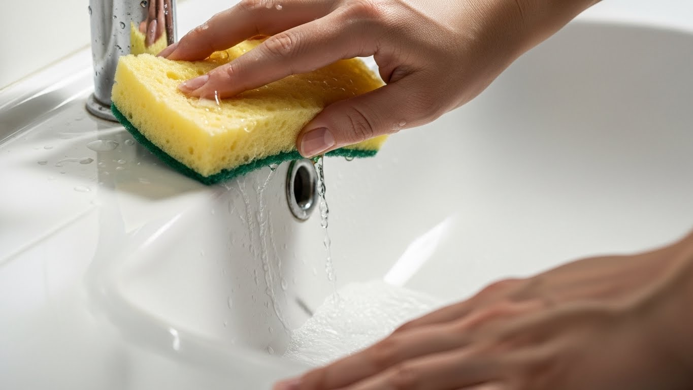 Close-up of a bathroom sink being cleaned to maintain hygiene Close-up of a bathroom sink being cleaned to maintain hygiene