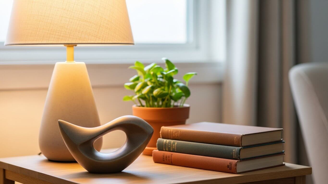Close-up of small decor details like a lamp, plant, and books adding warmth Close-up of small decor details like a lamp, plant, and books adding warmth
