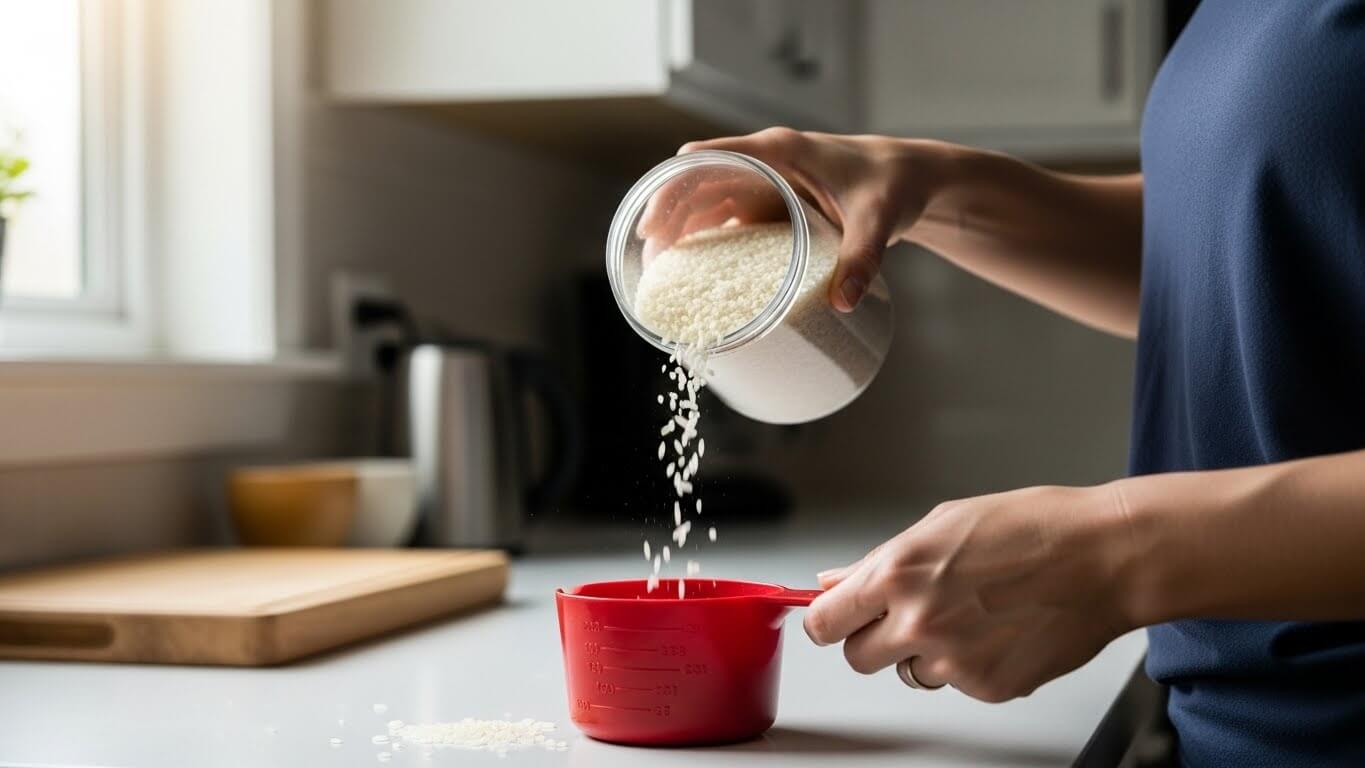 Hands pouring rice from a clear plastic pantry jar into a measuring cup