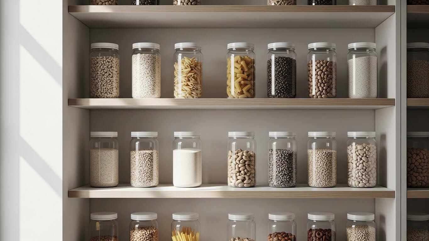 Minimalist pantry shelf styled with uniform clear plastic storage jars