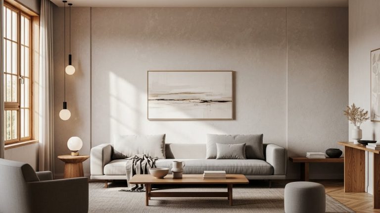 Modern living room with calm minimalist wall decor and soft natural light