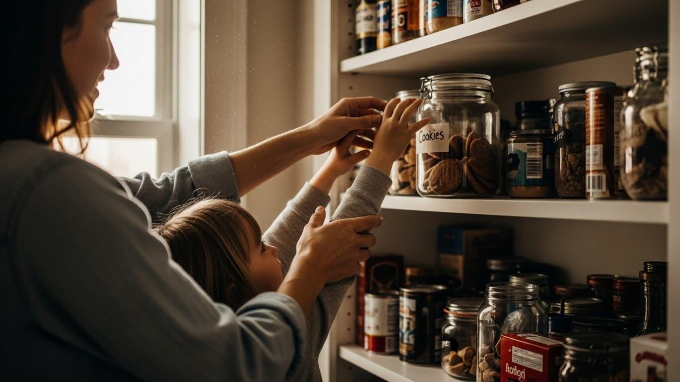 Parent and child selecting food from plastic jars in a home pantry