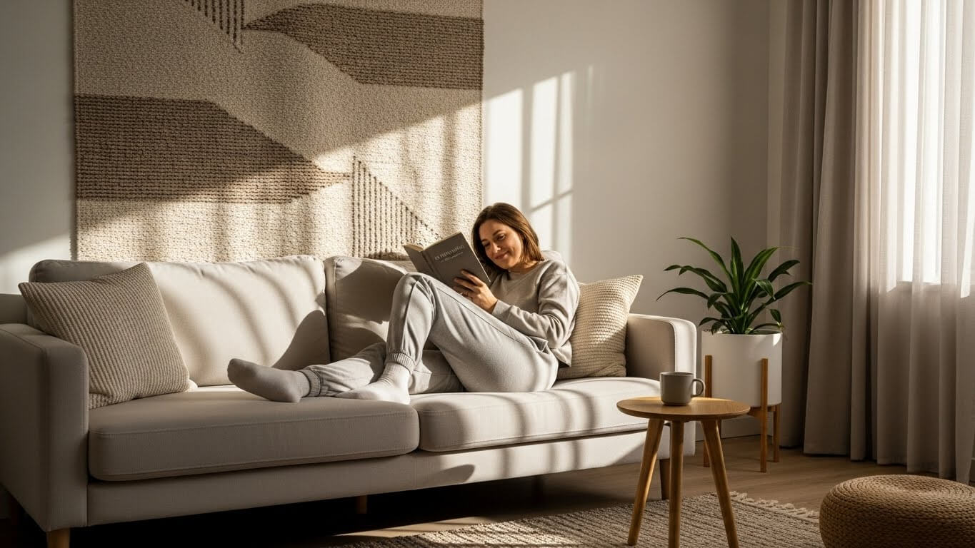 Relaxed moment in a minimalist home with subtle wall decor