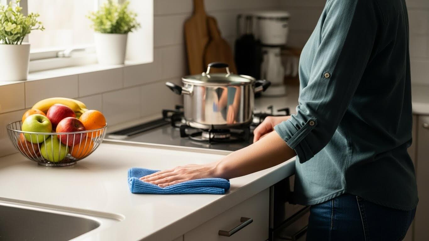 Someone cleaning a kitchen counter using a simple daily cleaning routine Someone cleaning a kitchen counter using a simple daily cleaning routine