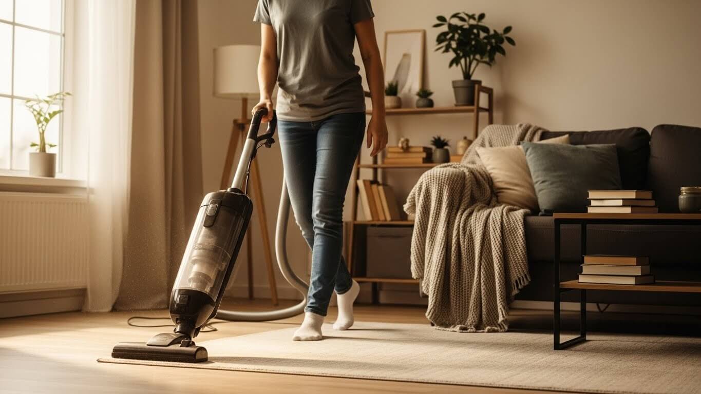 Vacuuming a living room floor as part of a weekly cleaning routine Vacuuming a living room floor as part of a weekly cleaning routine