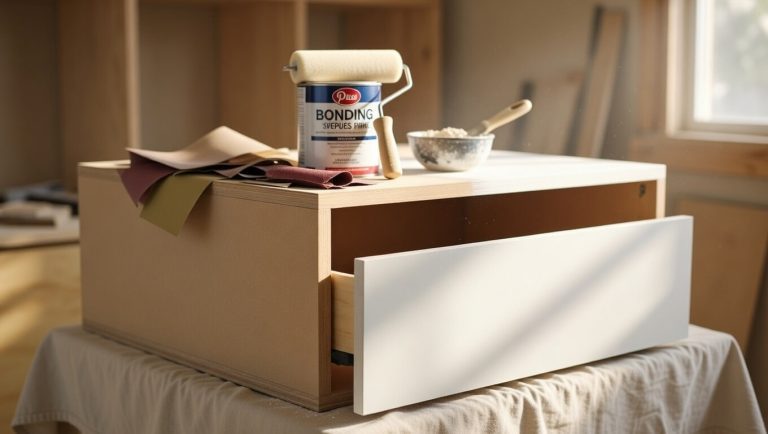 Person sanding a manufactured wood dresser with 150 grit sandpaper