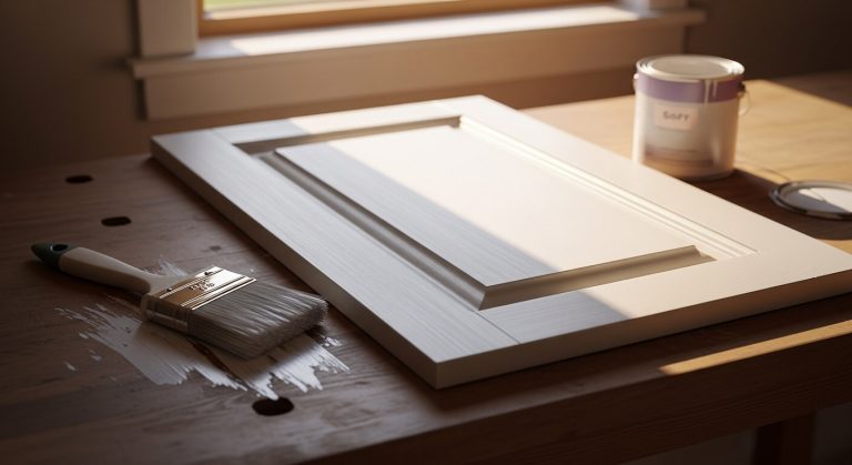 A freshly painted white cabinet door on a wooden workbench with a brush and open can of urethane alkyd enamel paint in warm natural light, showcasing a professional cabinet enamel finish.