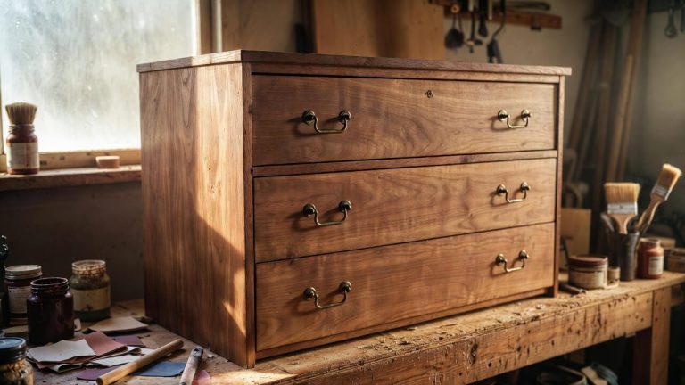 A close-up view of a fully restored vintage dresser with refinished solid wood grain and updated brass hardware, representing a complete restore vintage dresser transformation in a warm DIY workshop setting.