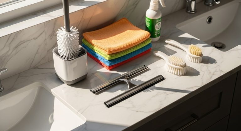 A neatly arranged set of essential bathroom cleaning tools including scrub brushes, microfiber cloths, and a squeegee on a white marble countertop.