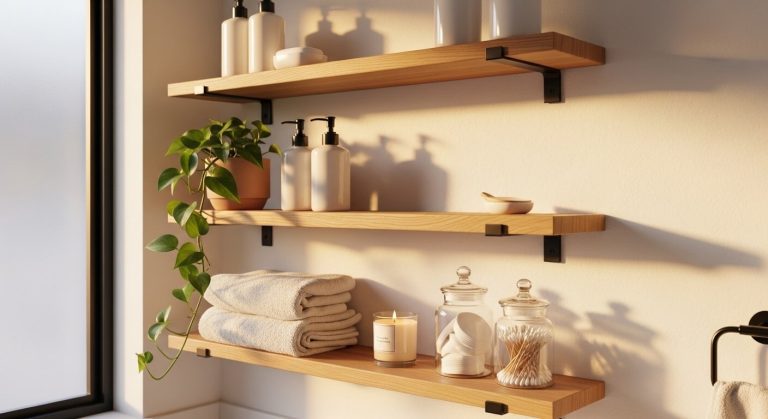 Styled bathroom shelves with floating teak wood design holding organized toiletries, plants, and decorative accessories in a modern neutral bathroom.