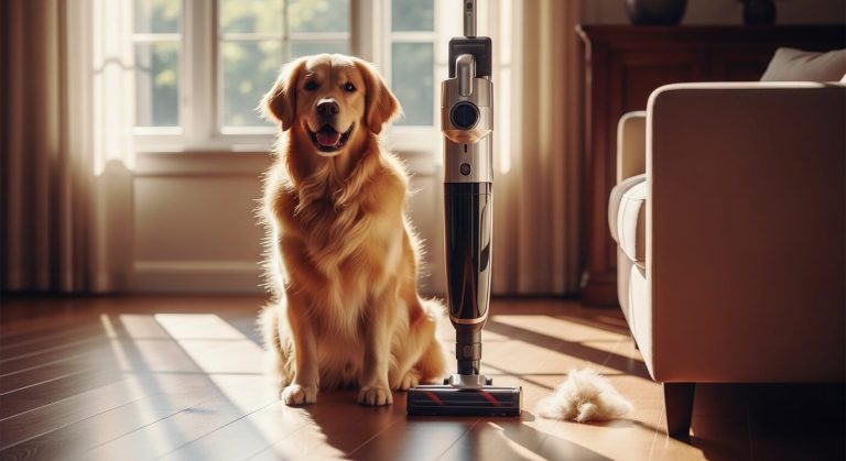 Cordless stick vacuum for pet hair standing on hardwood floor next to a golden retriever, ready to clean up shed fur.