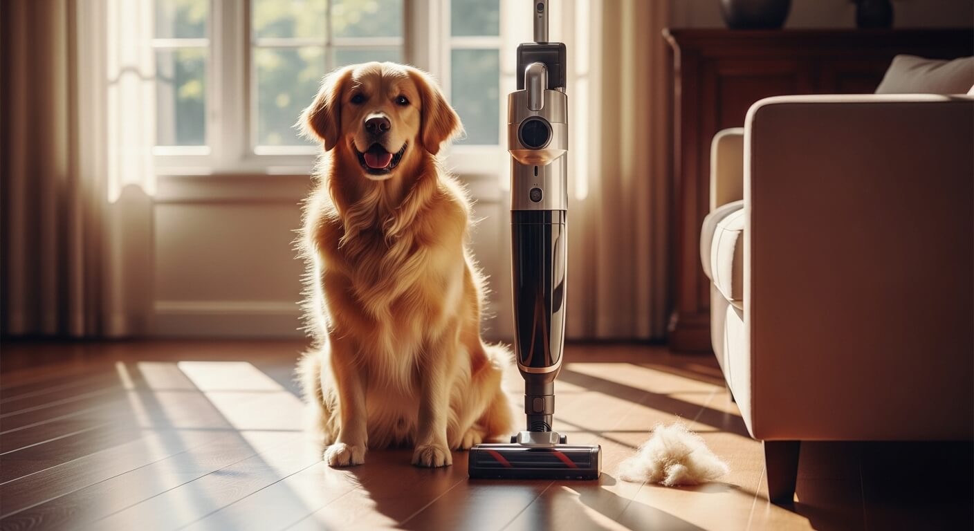 Cordless stick vacuum for pet hair standing on hardwood floor next to a golden retriever, ready to clean up shed fur.