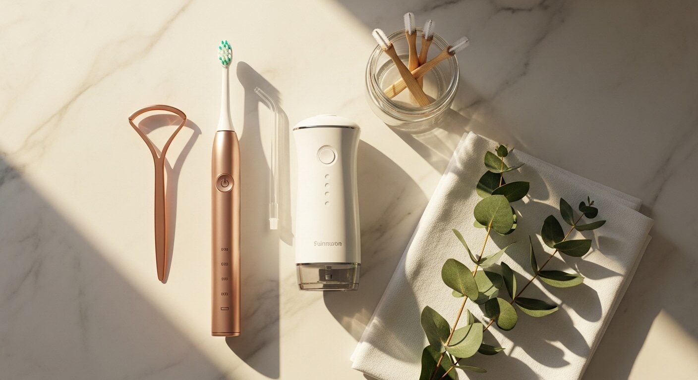 A flat-lay of the best teeth cleaning tools for home use including an electric toothbrush, water flosser, interdental brushes, tongue scraper, and copper tongue cleaner arranged on a white marble surface.