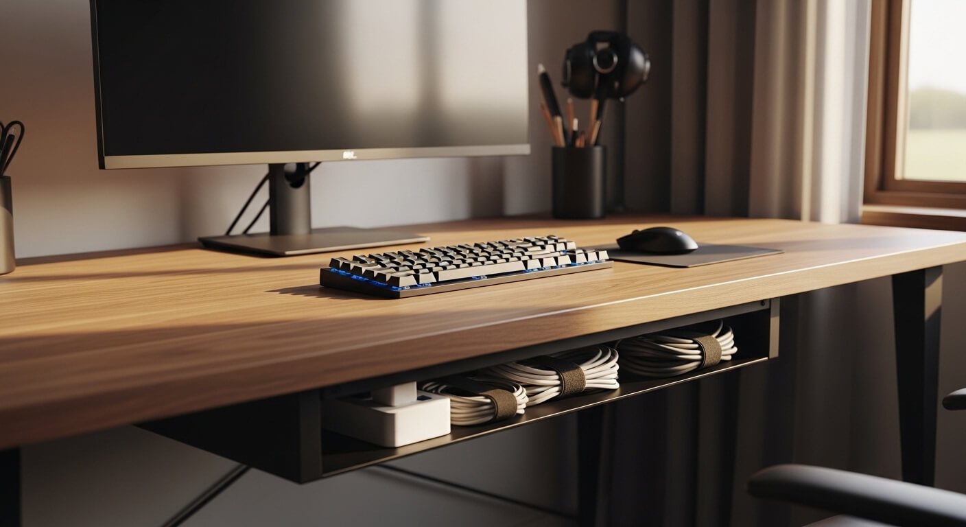 A clean modern desk setup demonstrating perfect cable management with a mounted under-desk tray and zero visible cords on the work surface.