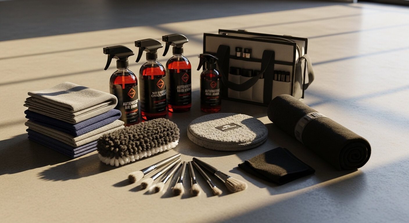 A complete car cleaning kit laid flat on a garage floor including microfiber cloths, detailing spray bottles, wash mitt, and brushes arranged for a full interior and exterior clean.