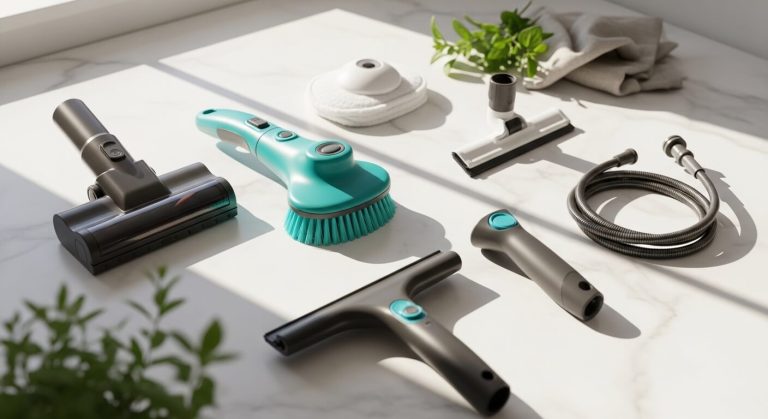 A flat lay of the best cleaning gadgets for home use including a cordless vacuum, electric scrubber, steam mop, and window vacuum arranged on a white marble surface.