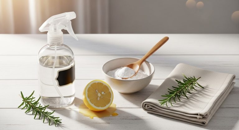 A flat lay of cleaning hacks with vinegar supplies including a glass spray bottle, bowl of baking soda, and fresh lemon on a white wooden surface.