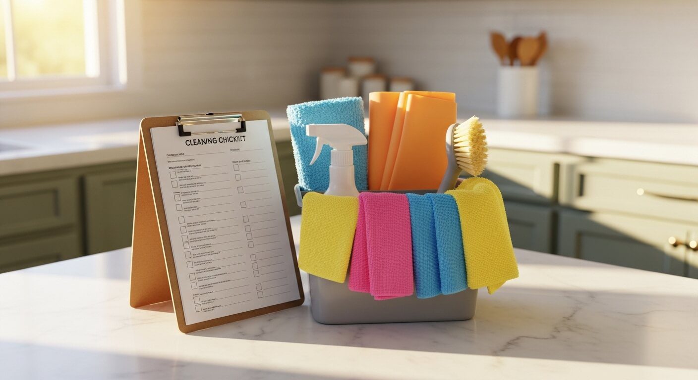 A cleaning caddy and printed cleaning schedule template on a white marble kitchen counter in a bright, organized home.