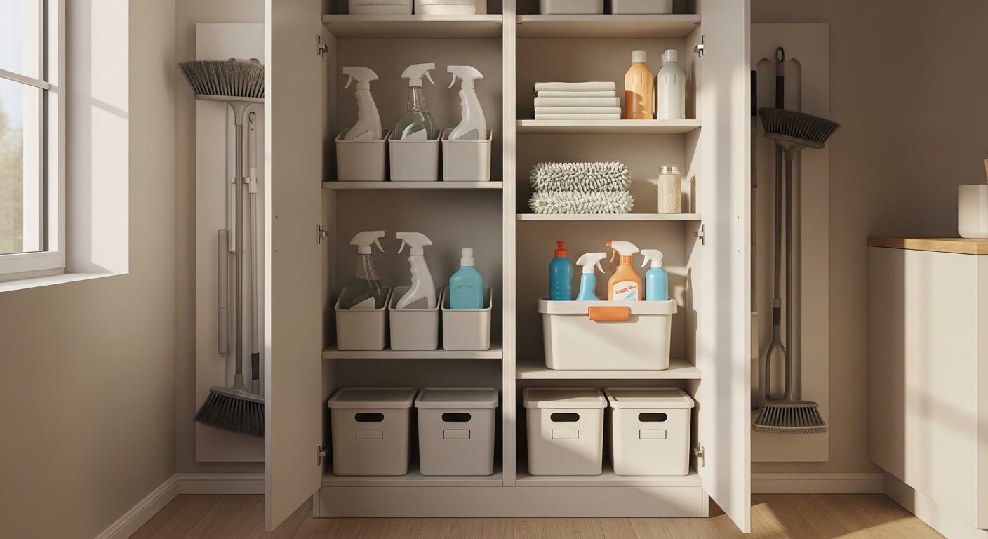 A beautifully organized cleaning supply storage cabinet with labeled bins, spray bottle holders, and a portable caddy in a bright home utility room.