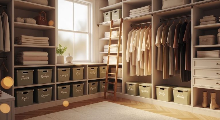 A beautifully organized walk-in closet showcasing practical closet organization ideas including color-coordinated hanging clothes, matching storage bins, and floor-to-ceiling shelving in warm natural light.