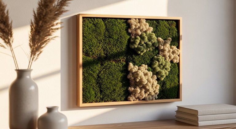 Handmade DIY moss wall art panel featuring preserved sheet moss and reindeer moss in a natural oak frame mounted on a white living room wall as maintenance-free indoor plant decor.