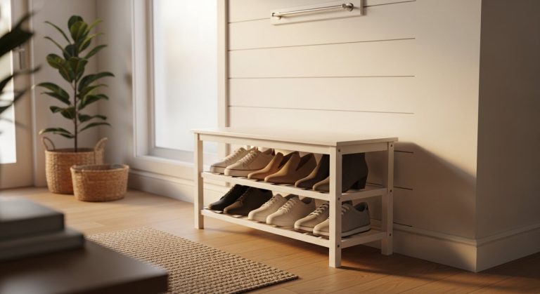 A custom-built DIY shoe rack for small space placed in a bright entryway, featuring three angled white wooden shelves neatly holding organized pairs of shoes on light hardwood floori