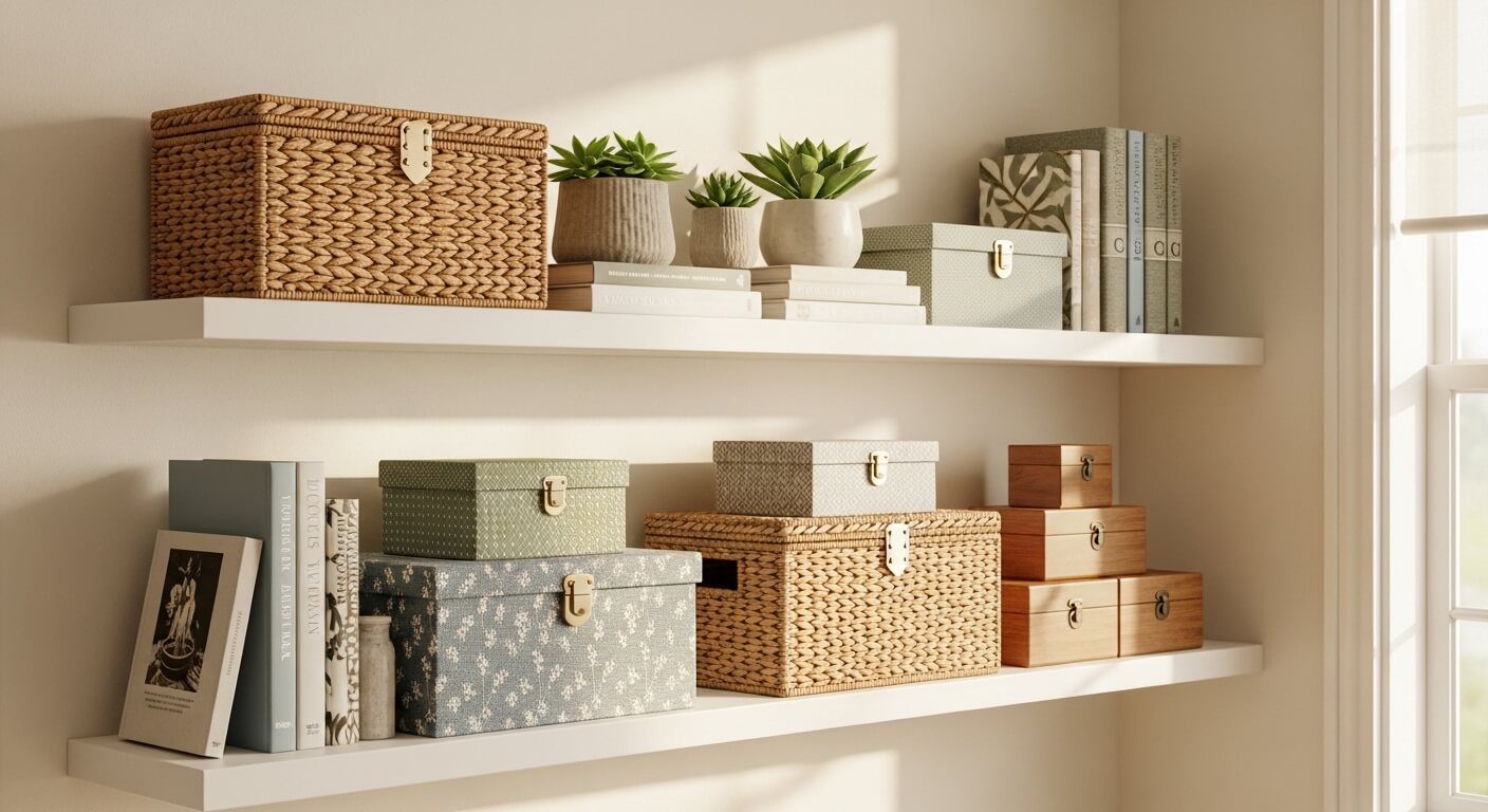 Decorative storage boxes with lids arranged on organized shelving displaying various materials and sizes for home organization.