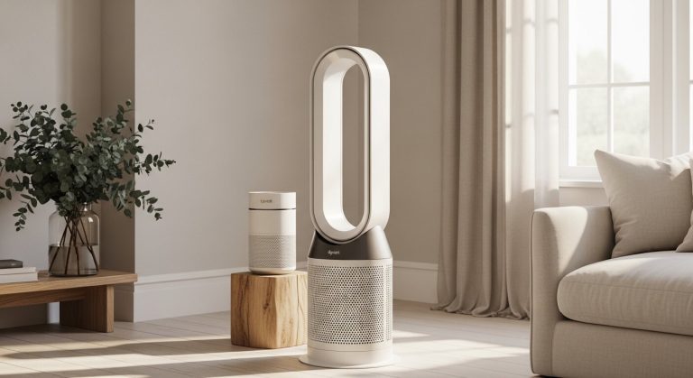 A Dyson air purifier standing beside a Levoit compact purifier on a pale wood floor in a bright minimalist living room, representing the brands compared in this dyson air purifier review.