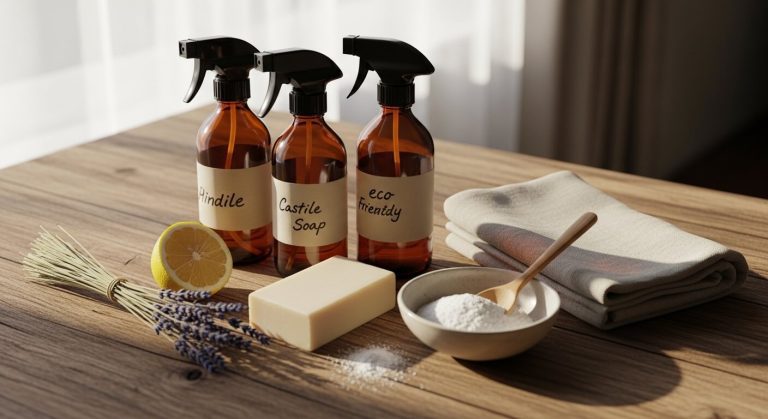 A styled flat lay of eco friendly cleaning products including glass bottles, castile soap, baking soda, and lemon on a wooden surface in natural light.