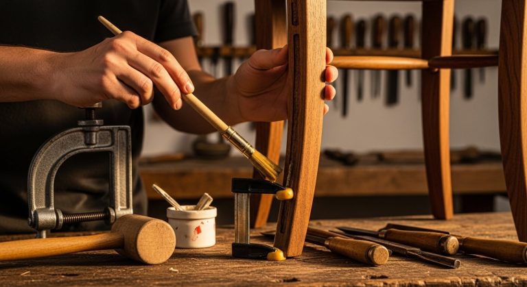 Close-up of hands repairing antique chair joints by applying furniture joint glue to a wooden mortise-and-tenon joint during a furniture structural repair project.